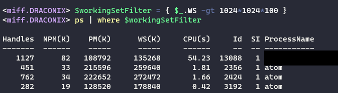 $workingSetFilter = { $_.WS -gt 1024*1024*100 } ; ps | where $workingSetFilter